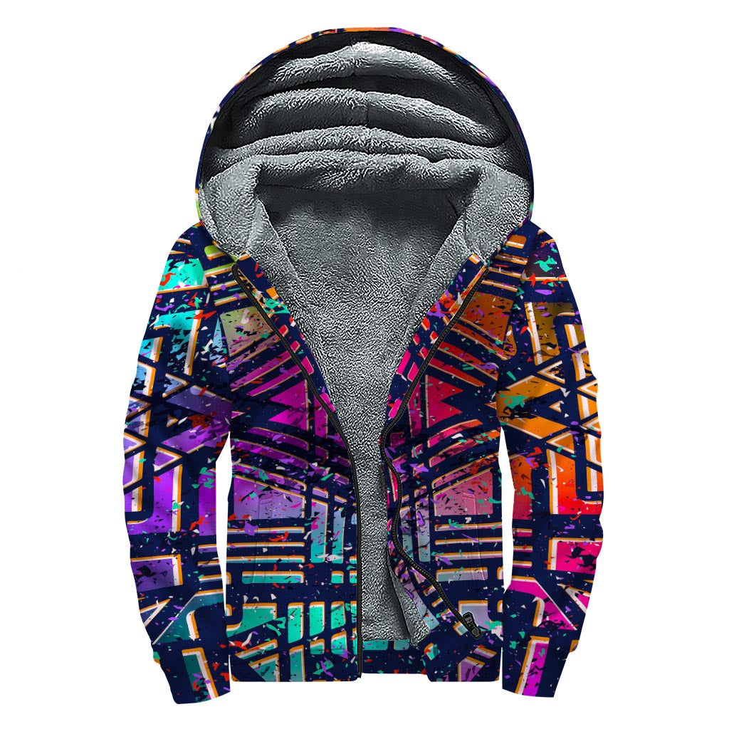 Ethnic Aztec Grunge Trippy Print Sherpa Lined Zip Up Hoodie