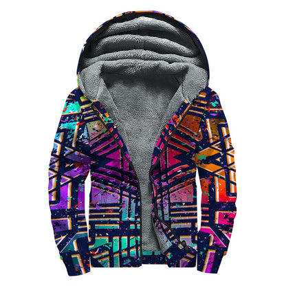 Ethnic Aztec Grunge Trippy Print Sherpa Lined Zip Up Hoodie
