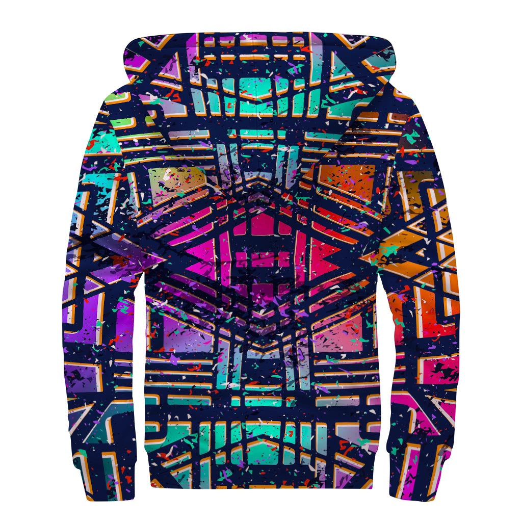 Ethnic Aztec Grunge Trippy Print Sherpa Lined Zip Up Hoodie