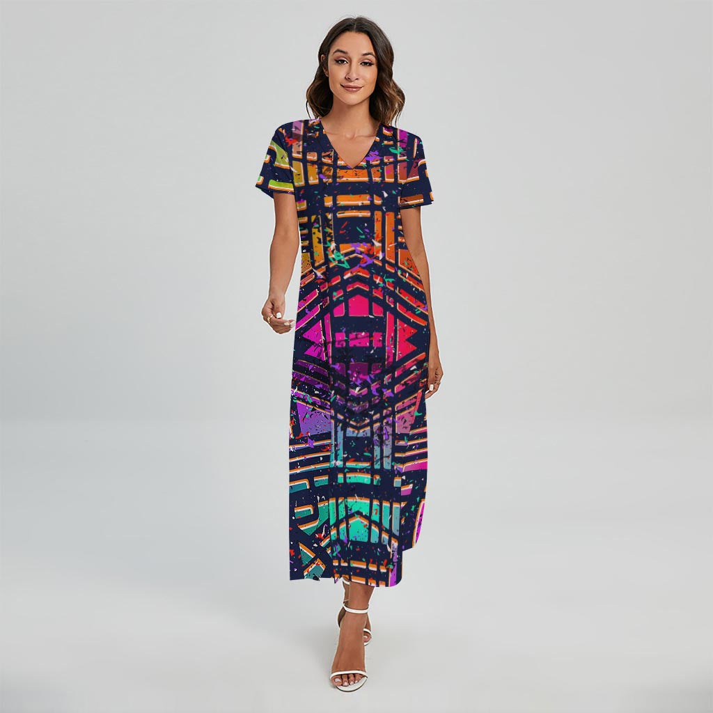 Ethnic Aztec Grunge Trippy Print Short Sleeve Maxi Dress