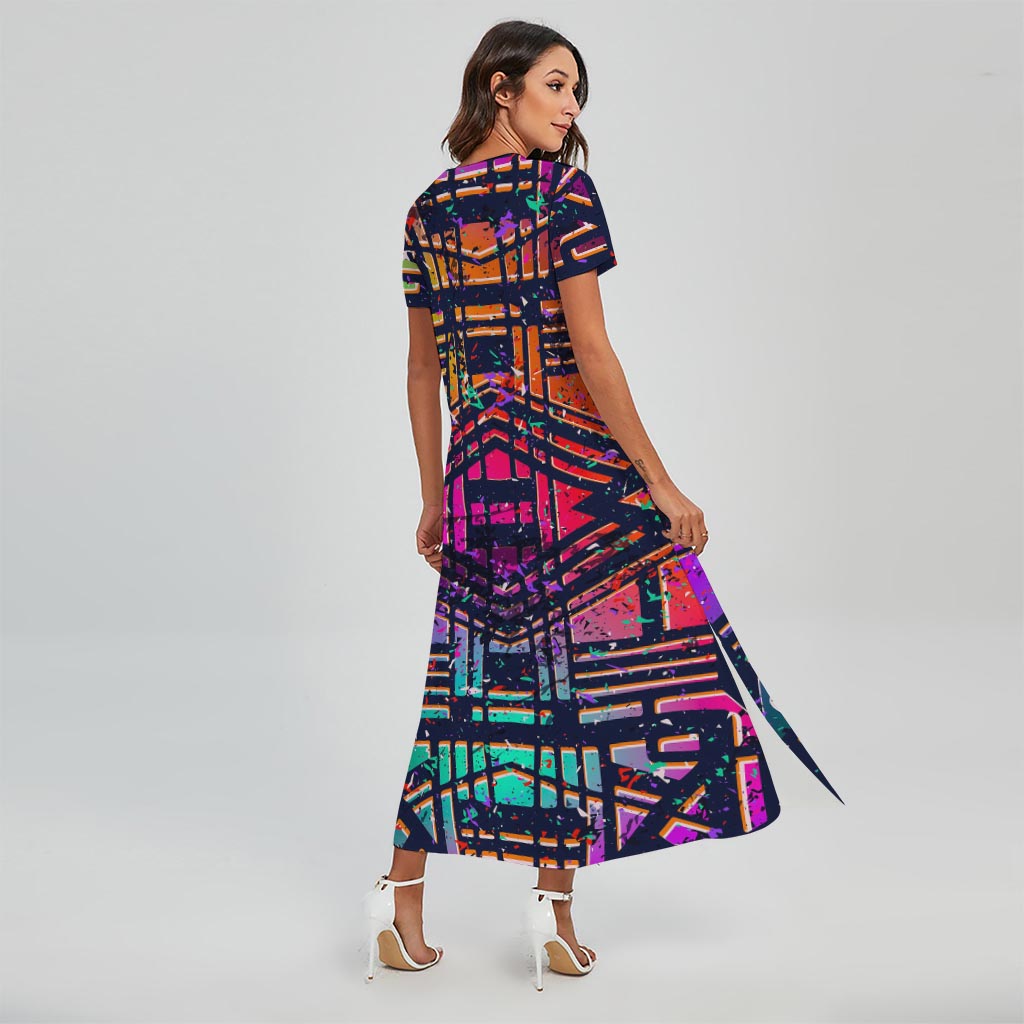 Ethnic Aztec Grunge Trippy Print Short Sleeve Maxi Dress