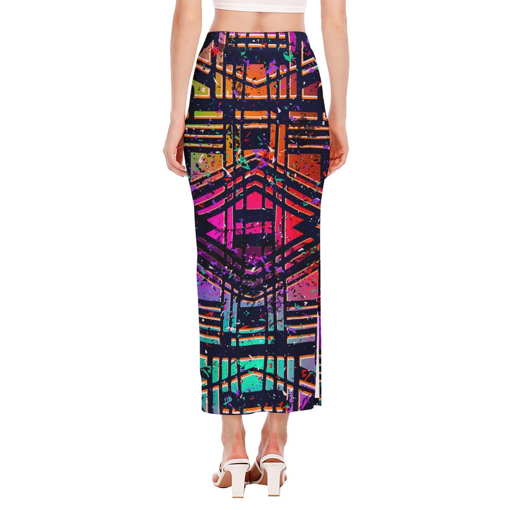 Ethnic Aztec Grunge Trippy Print Side Slit Maxi Skirt