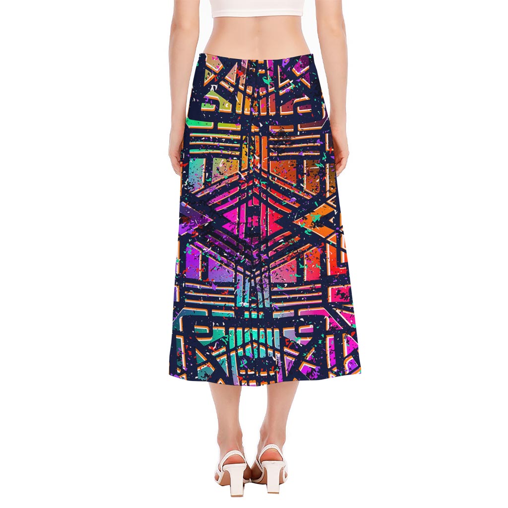 Ethnic Aztec Grunge Trippy Print Side Slit Midi Skirt