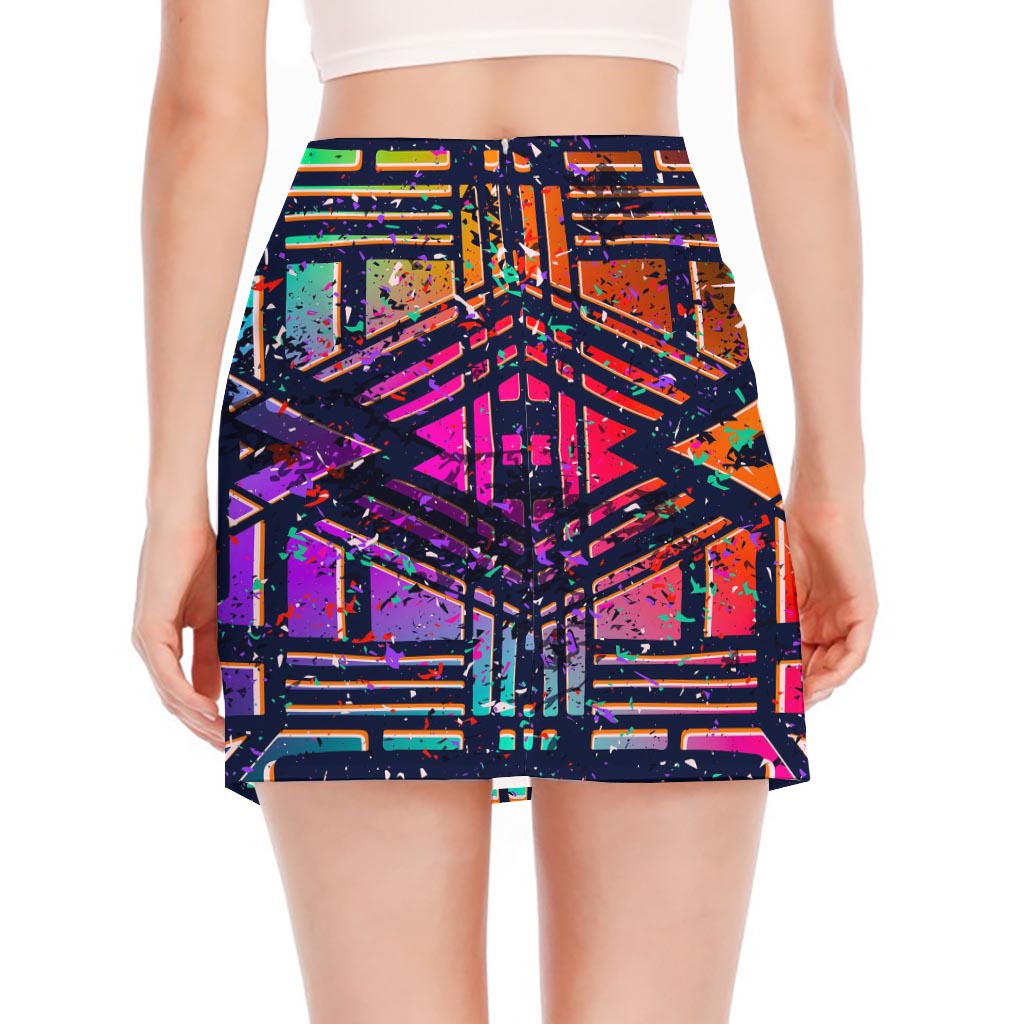 Ethnic Aztec Grunge Trippy Print Side Slit Mini Skirt