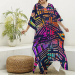 Ethnic Aztec Grunge Trippy Print Silk V-Neck Kaftan Dress