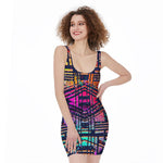 Ethnic Aztec Grunge Trippy Print Sleeveless Bodycon Dress
