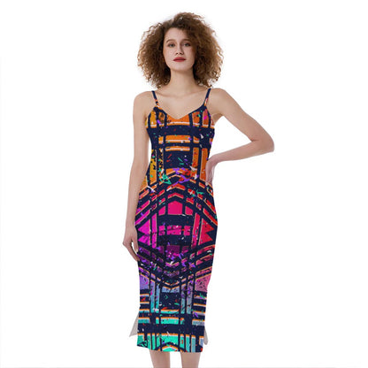 Ethnic Aztec Grunge Trippy Print Slim Fit Midi Cami Dress