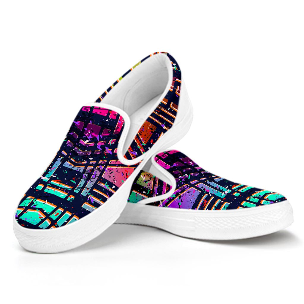 Ethnic Aztec Grunge Trippy Print White Slip On Sneakers