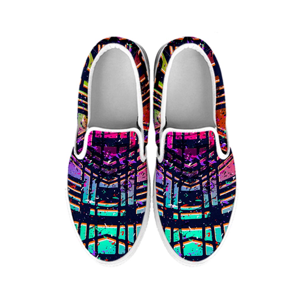 Ethnic Aztec Grunge Trippy Print White Slip On Sneakers