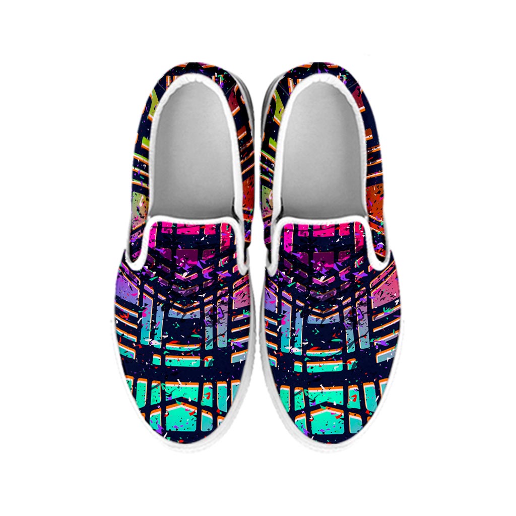 Ethnic Aztec Grunge Trippy Print White Slip On Sneakers