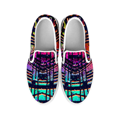 Ethnic Aztec Grunge Trippy Print White Slip On Sneakers