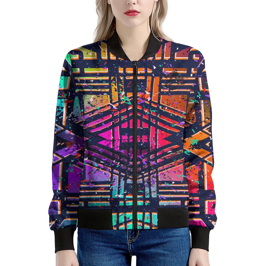 Ethnic Aztec Grunge Trippy Print Women's Bomber Jacket