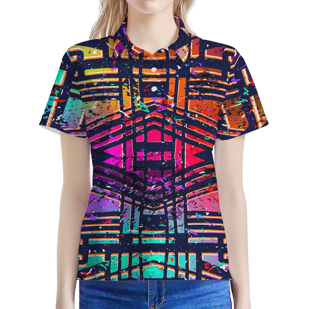 Ethnic Aztec Grunge Trippy Print Women's Polo Shirt