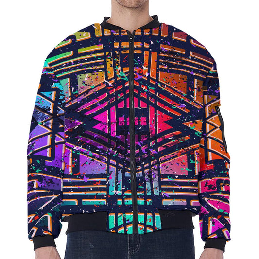 Ethnic Aztec Grunge Trippy Print Zip Sleeve Bomber Jacket