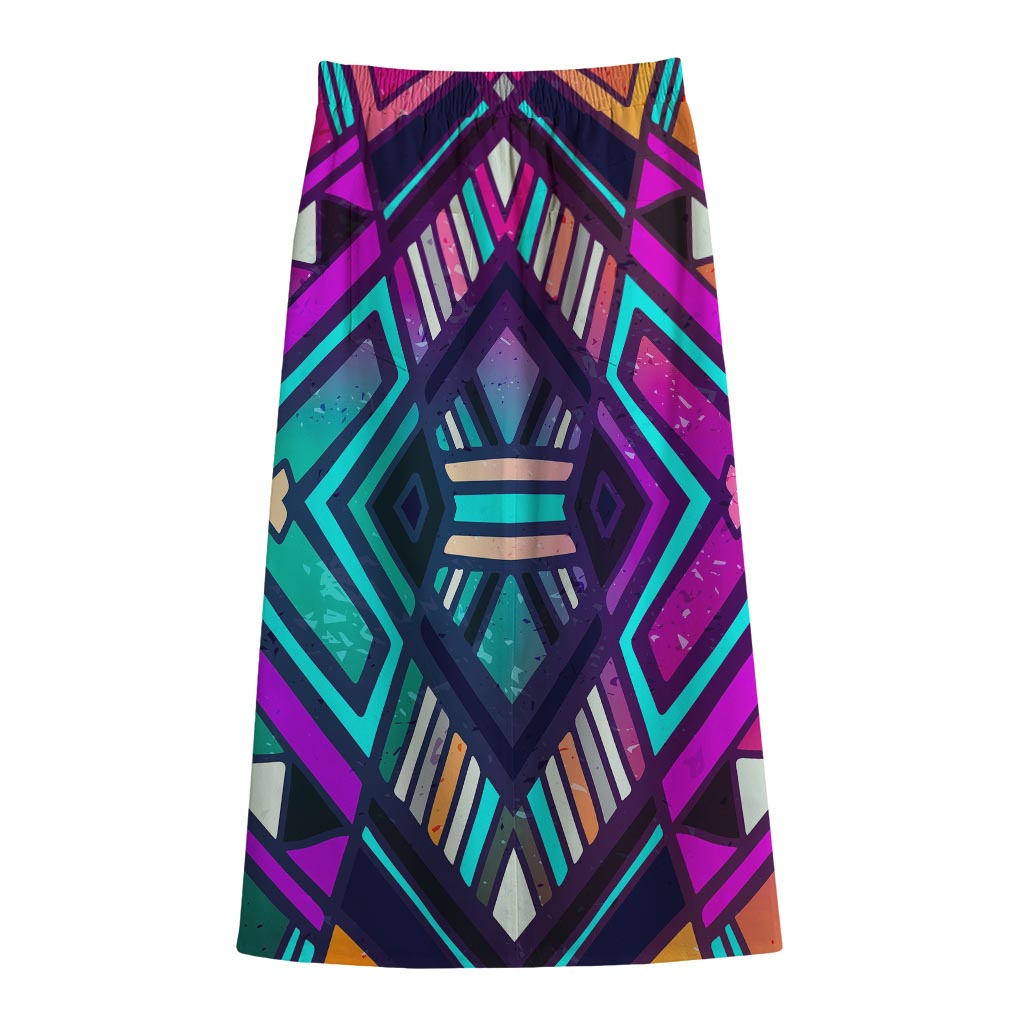 Ethnic Aztec Trippy Print Cotton Front Slit Maxi Skirt