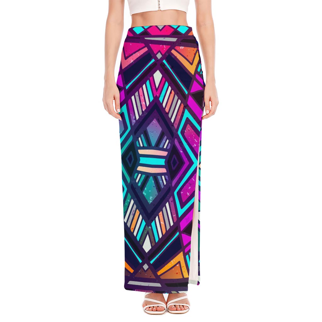 Ethnic Aztec Trippy Print High Slit Maxi Skirt