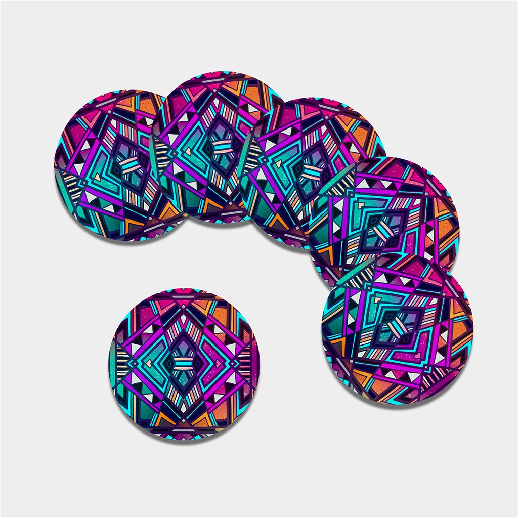 Ethnic Aztec Trippy Print Leather Coaster Set