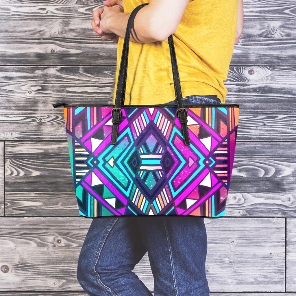 Ethnic Aztec Trippy Print Leather Tote Bag