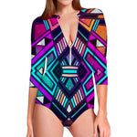 Ethnic Aztec Trippy Print Long Sleeve Swimsuit