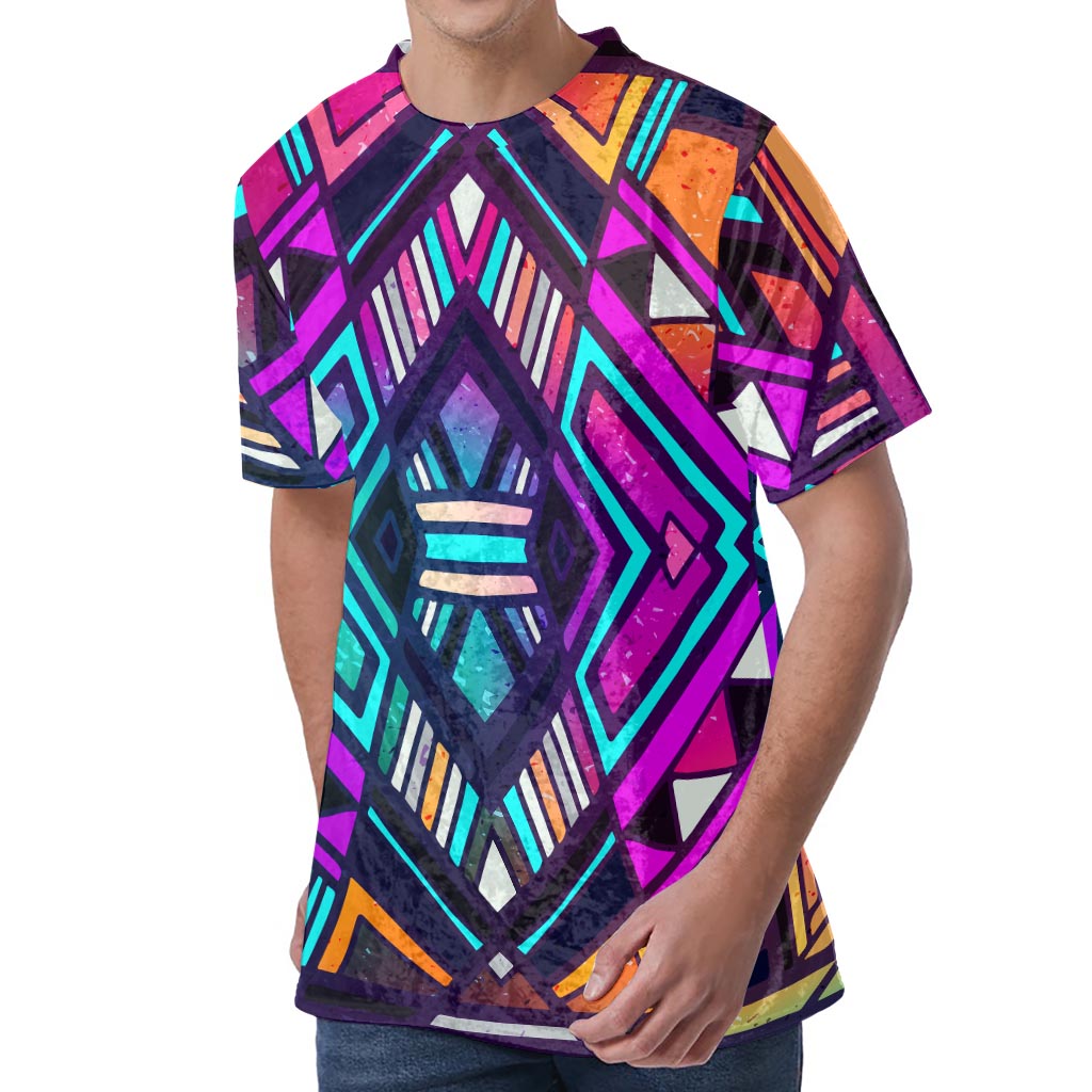 Ethnic Aztec Trippy Print Men's Velvet T-Shirt