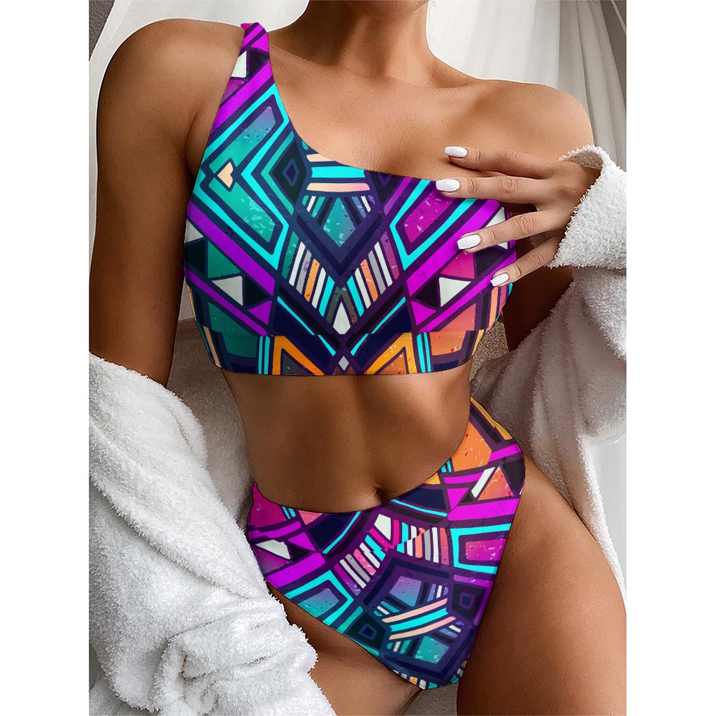 Ethnic Aztec Trippy Print One Shoulder Bikini Top