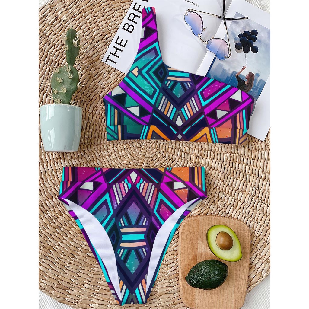 Ethnic Aztec Trippy Print One Shoulder Bikini Top