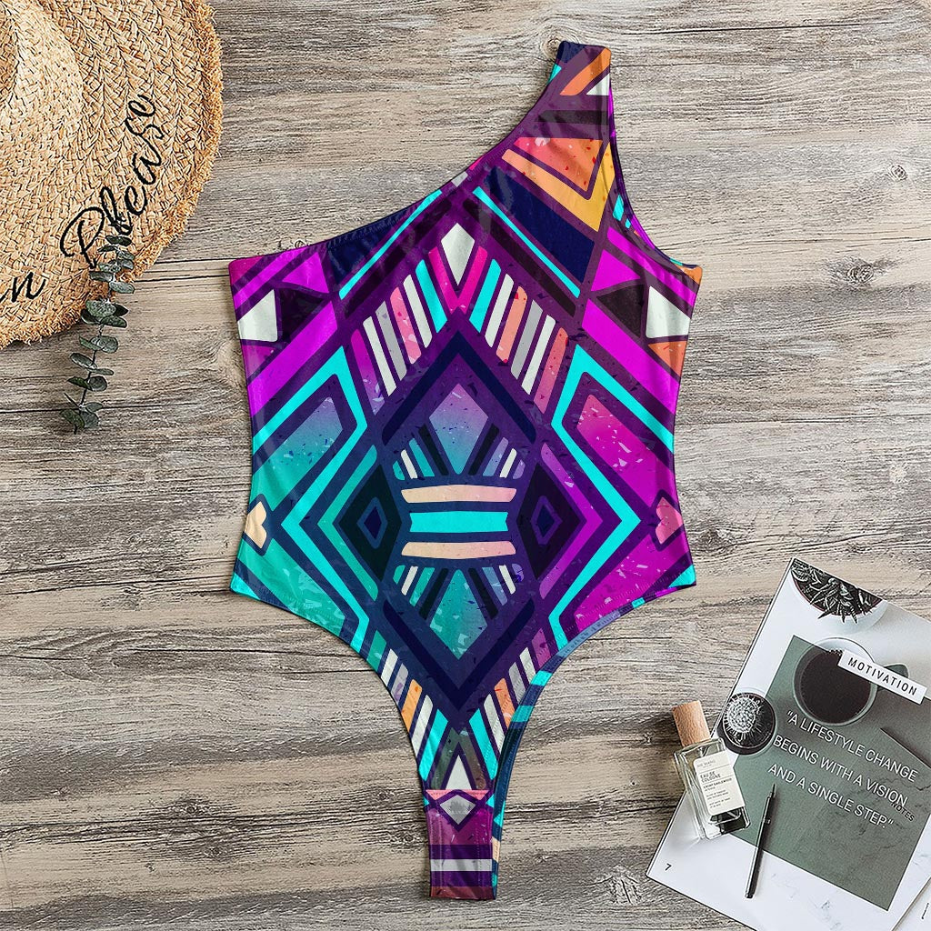 Ethnic Aztec Trippy Print One Shoulder Bodysuit