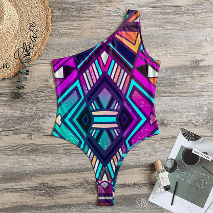 Ethnic Aztec Trippy Print One Shoulder Bodysuit