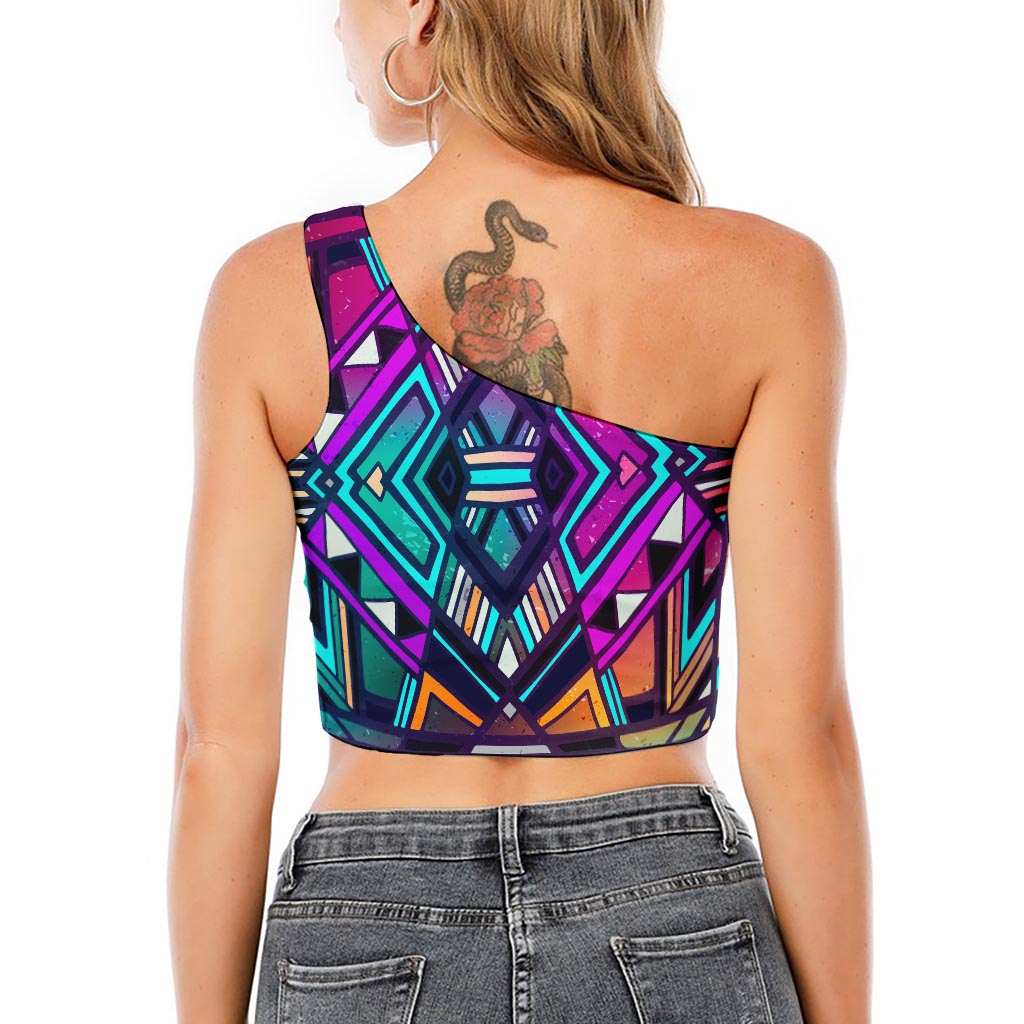 Ethnic Aztec Trippy Print One Shoulder Crop Top