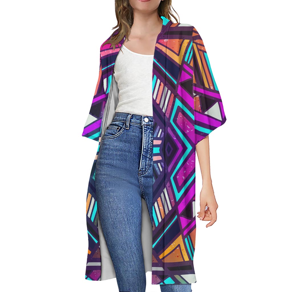 Ethnic Aztec Trippy Print Open Front Beach Cover Up