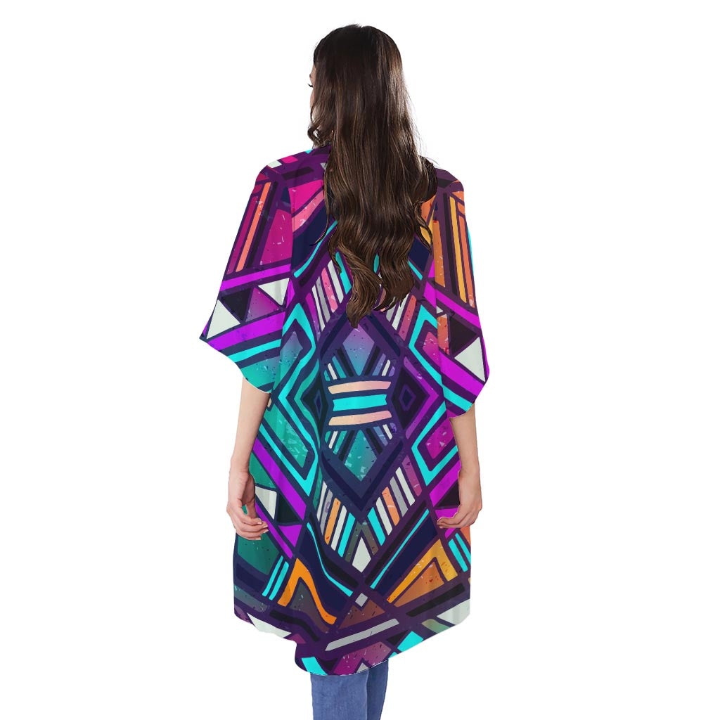 Ethnic Aztec Trippy Print Open Front Beach Cover Up