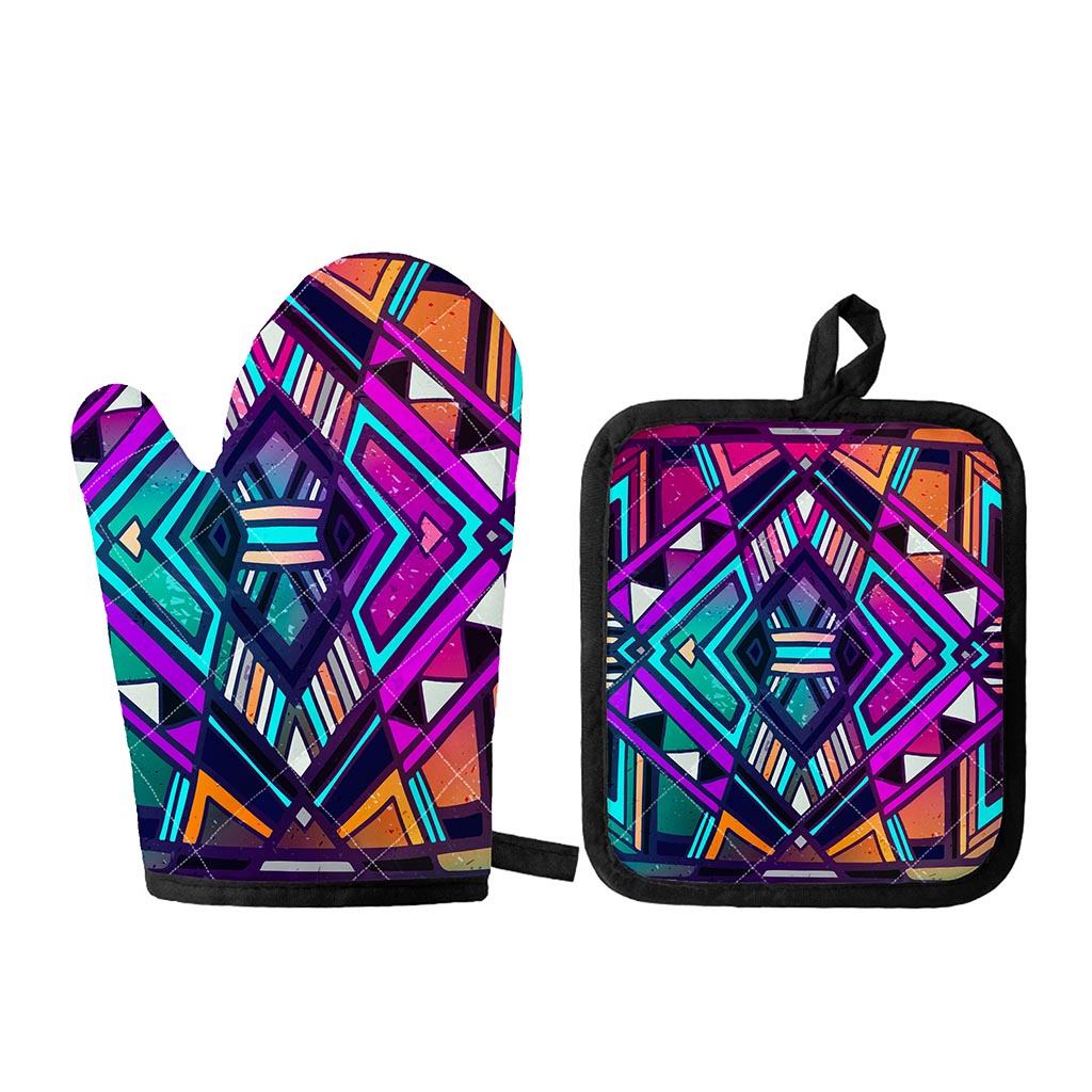 Ethnic Aztec Trippy Print Oven Mitt And Pot Holder Set