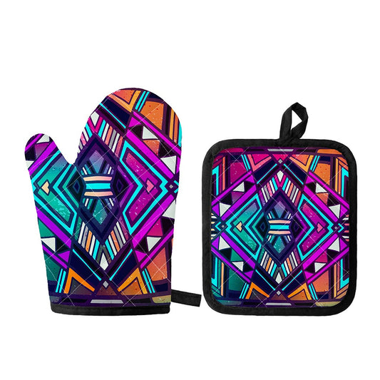 Ethnic Aztec Trippy Print Oven Mitt And Pot Holder Set