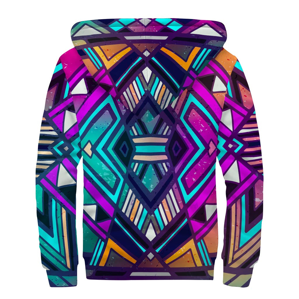 Ethnic Aztec Trippy Print Sherpa Lined Zip Up Hoodie