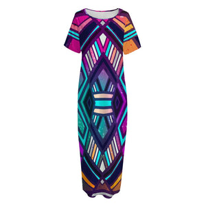 Ethnic Aztec Trippy Print Short Sleeve Long Nightdress