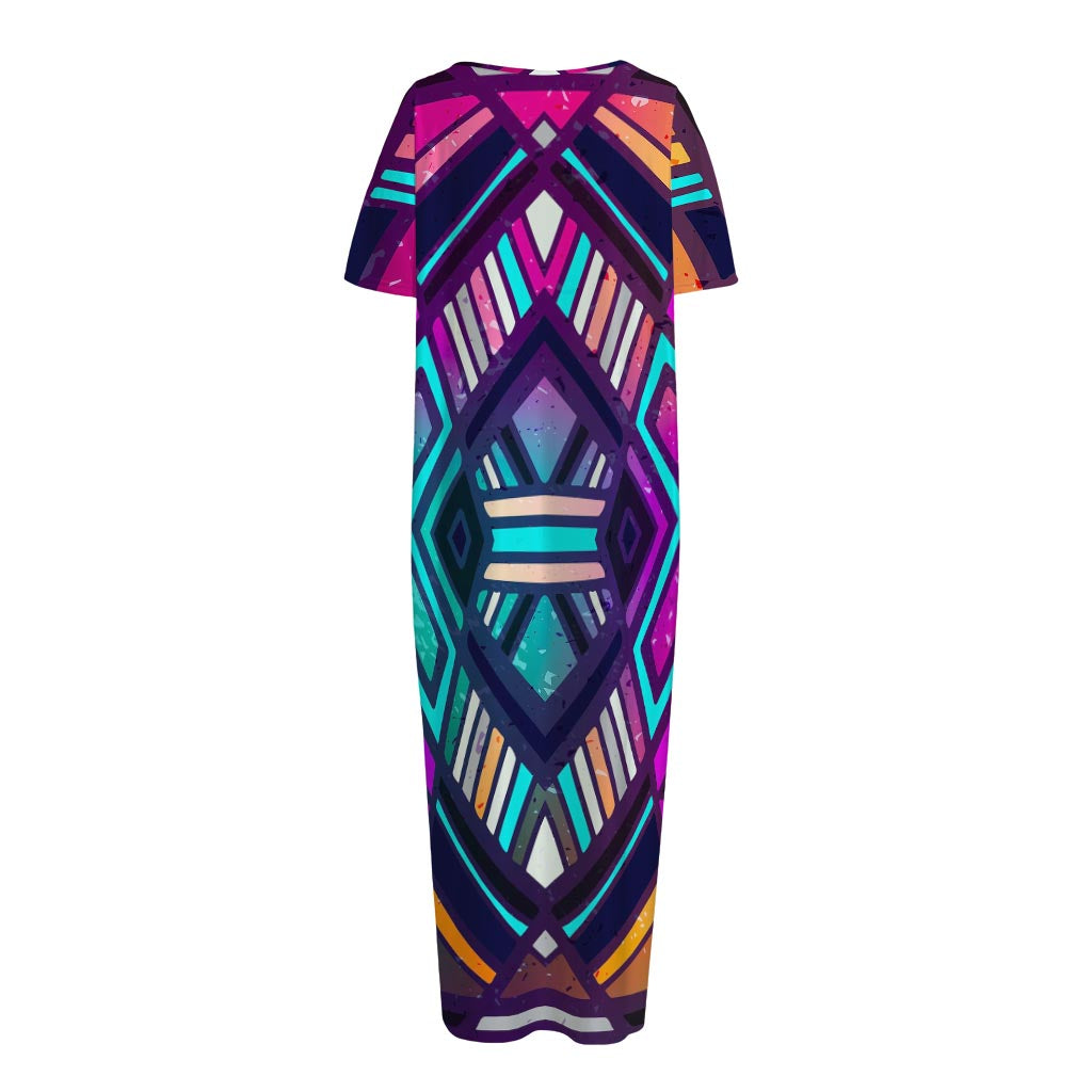 Ethnic Aztec Trippy Print Short Sleeve Long Nightdress