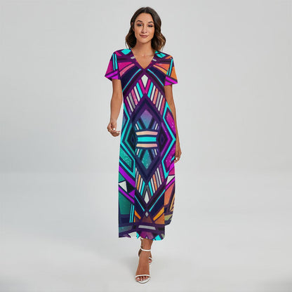 Ethnic Aztec Trippy Print Short Sleeve Maxi Dress