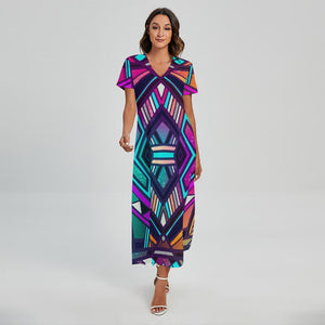 Ethnic Aztec Trippy Print Short Sleeve Maxi Dress