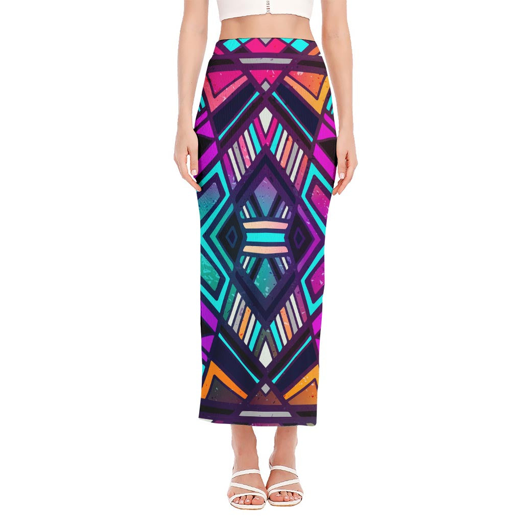 Ethnic Aztec Trippy Print Side Slit Maxi Skirt