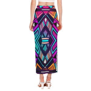 Ethnic Aztec Trippy Print Side Slit Maxi Skirt