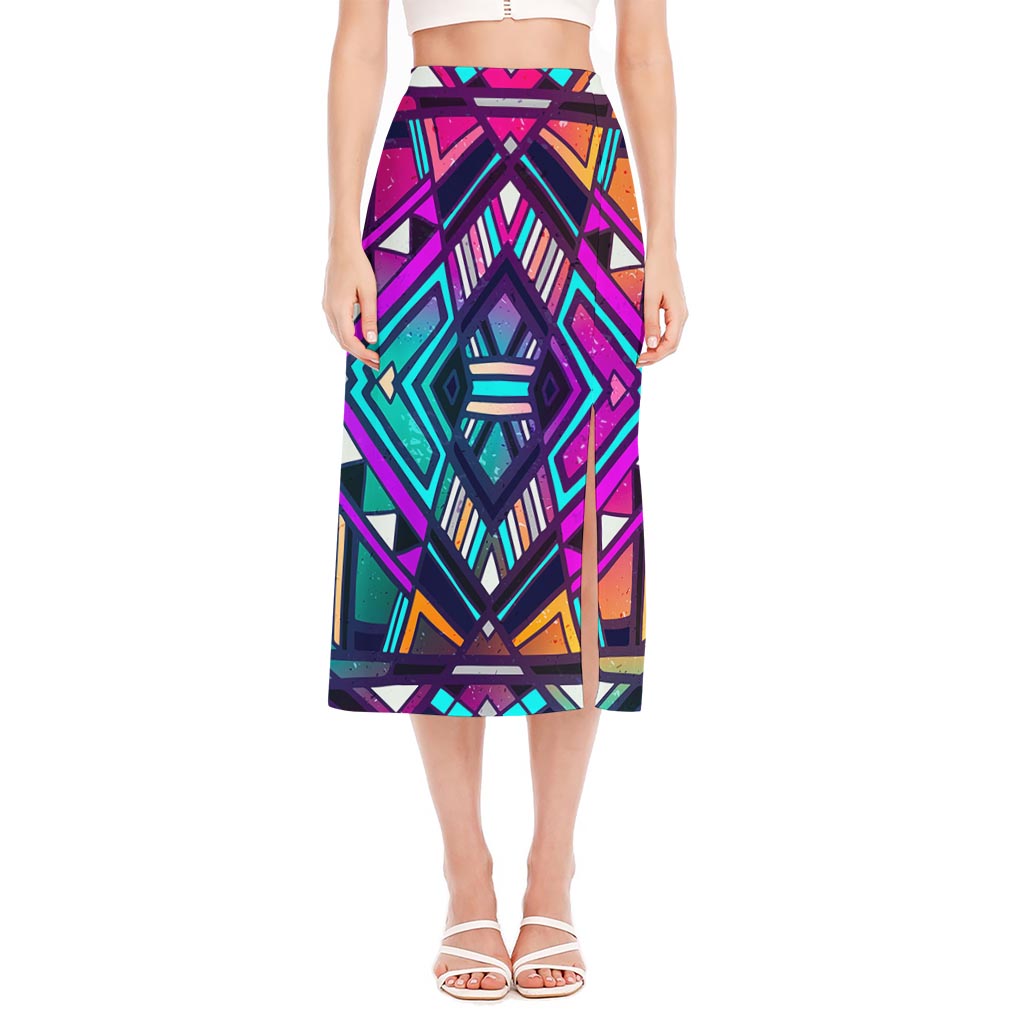 Ethnic Aztec Trippy Print Side Slit Midi Skirt