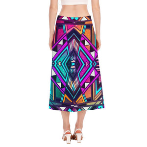 Ethnic Aztec Trippy Print Side Slit Midi Skirt