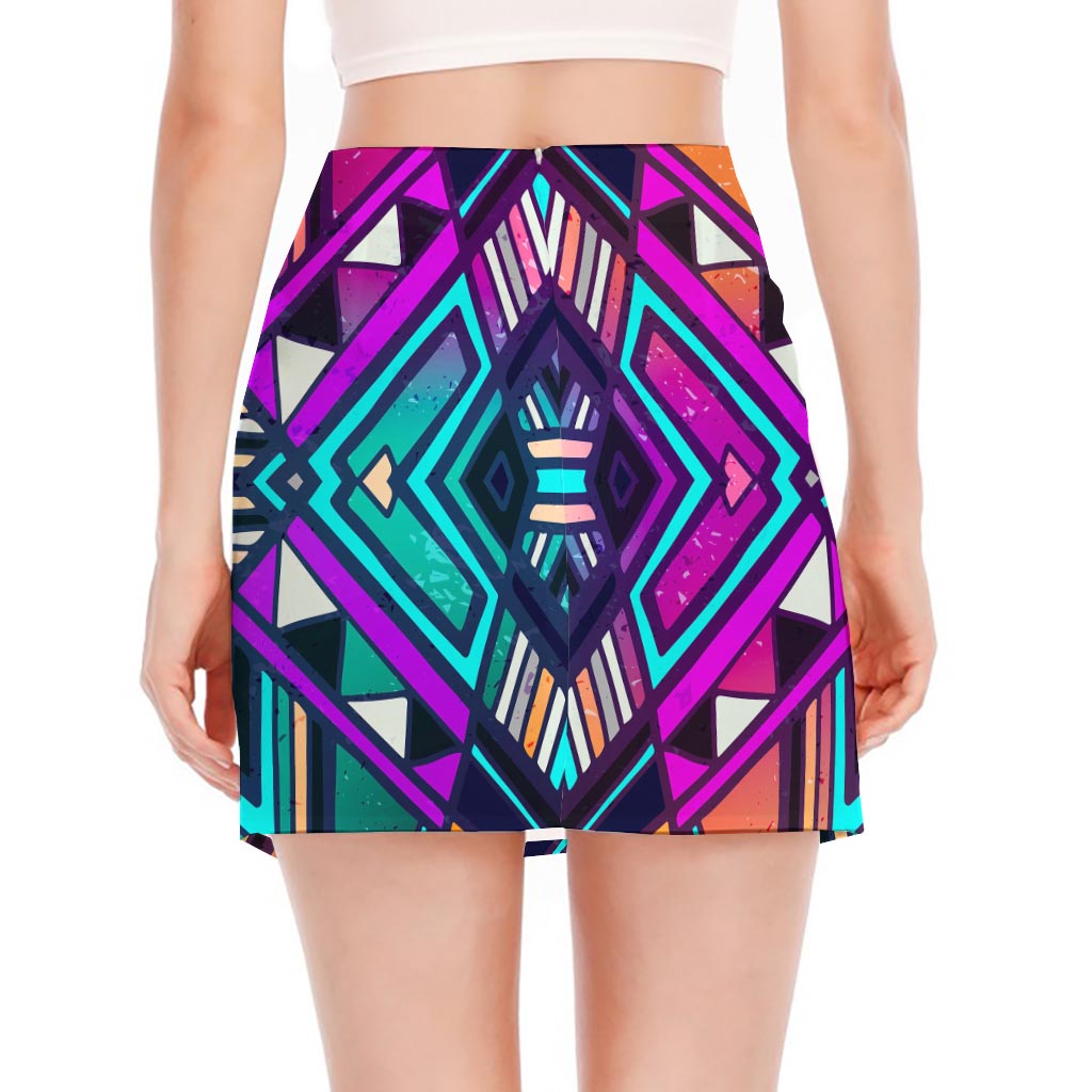 Ethnic Aztec Trippy Print Side Slit Mini Skirt