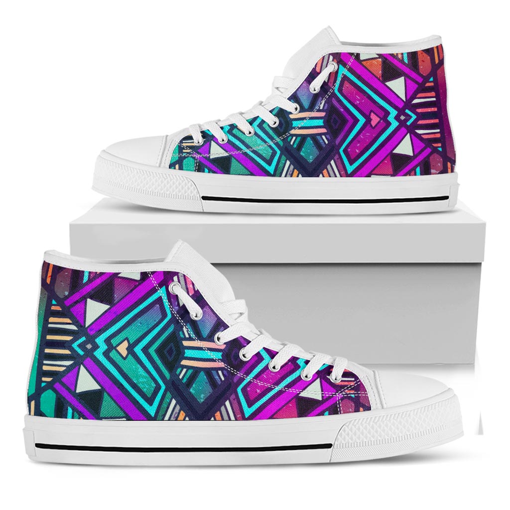 Ethnic Aztec Trippy Print White High Top Sneakers