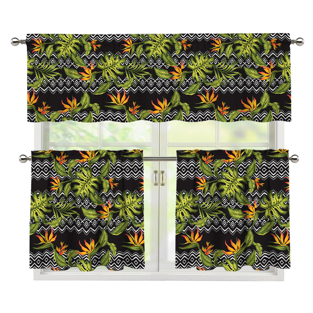 Ethnic Bird Of Paradise Pattern Print 3 Piece Kitchen Curtains