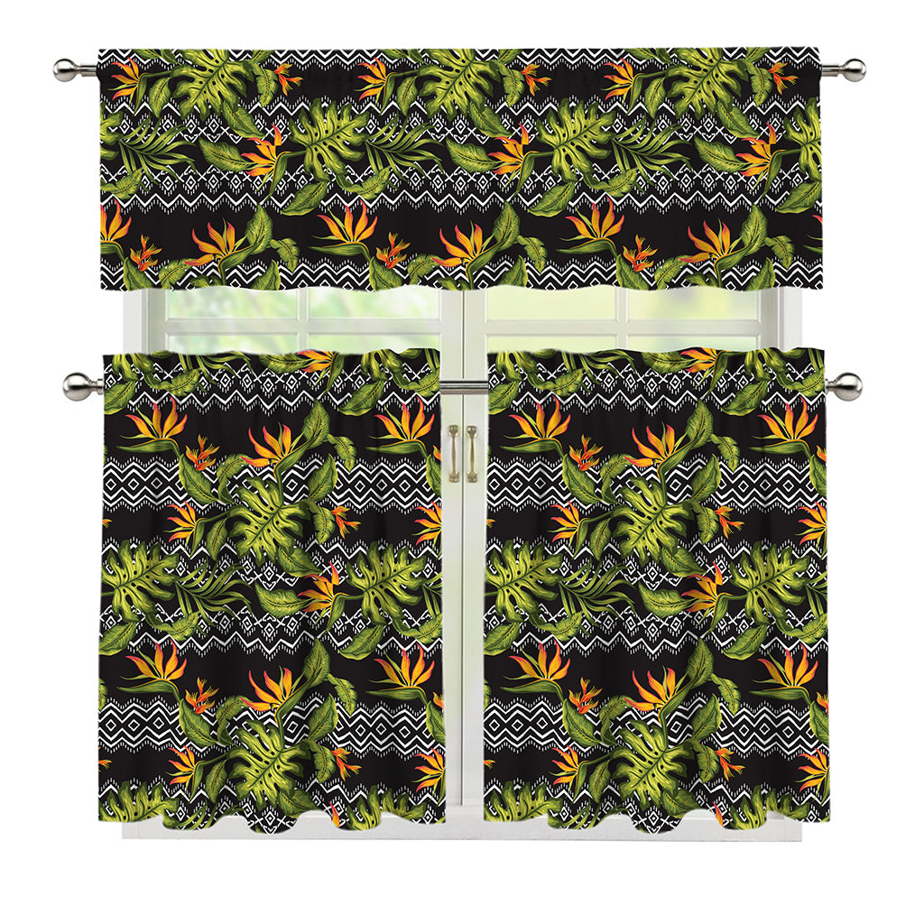 Ethnic Bird Of Paradise Pattern Print 3 Piece Kitchen Curtains