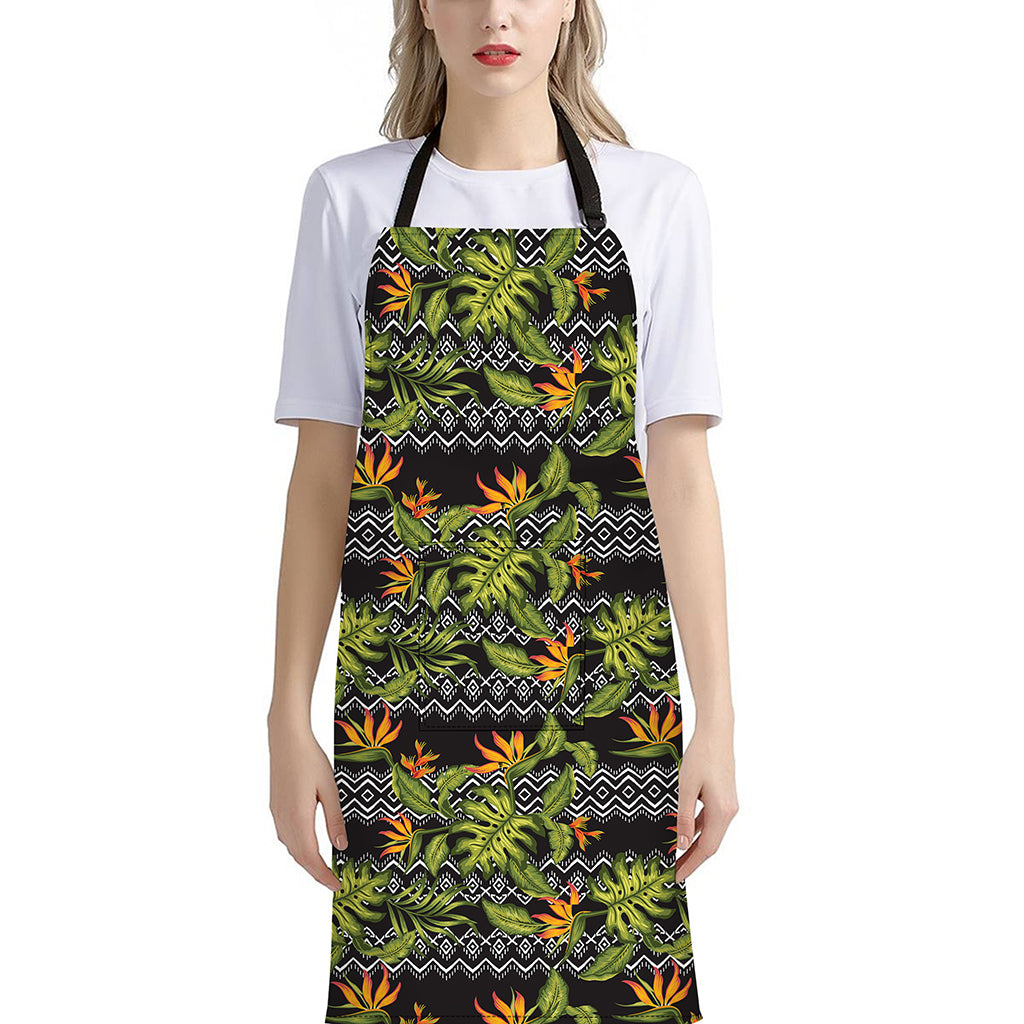 Ethnic Bird Of Paradise Pattern Print Bib Apron With Pocket