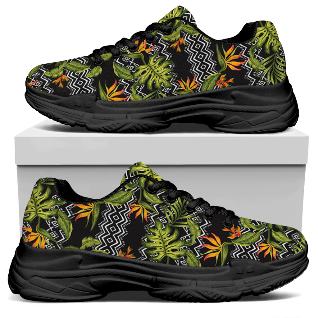 Ethnic Bird Of Paradise Pattern Print Black Chunky Shoes