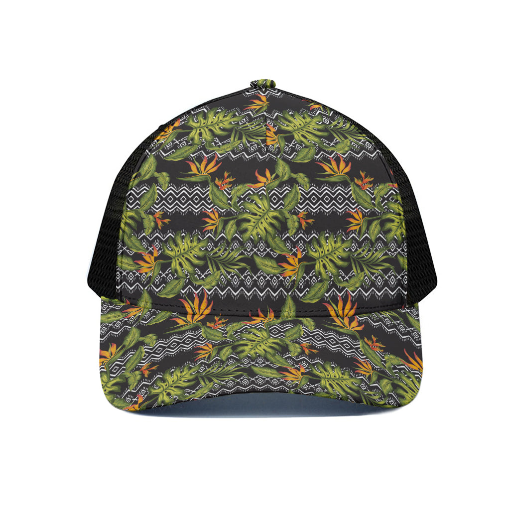 Ethnic Bird Of Paradise Pattern Print Black Mesh Trucker Cap