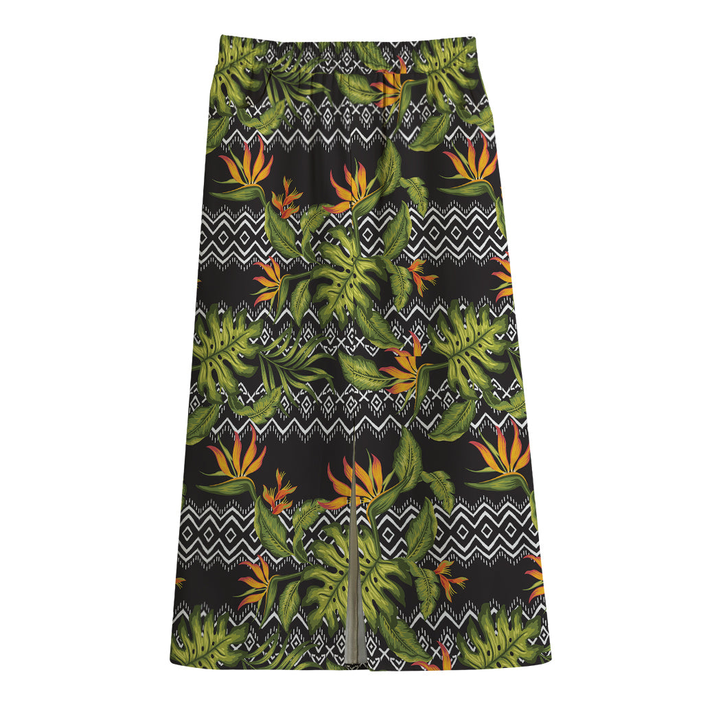 Ethnic Bird Of Paradise Pattern Print Cotton Front Slit Maxi Skirt